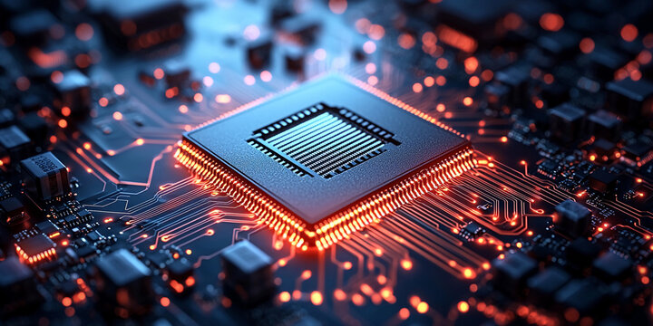 Close-up view of a computer microchip with glowing circuits Generative AI