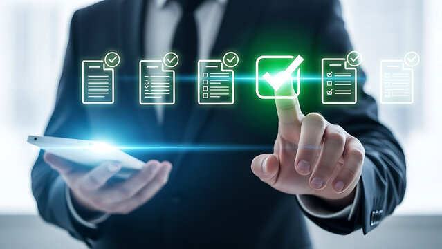 Businessman interacting with digital checklist on mobile device, approving task completion with glowing checkmark icon