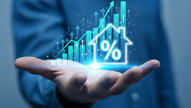 Hand holding glowing digital house icon with rising bar graph representing real estate market growth and interest rate increase