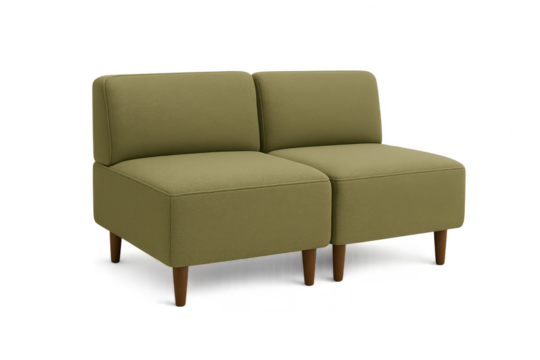 Modern two-seater sofa in olive green, isolated on a transparent background.