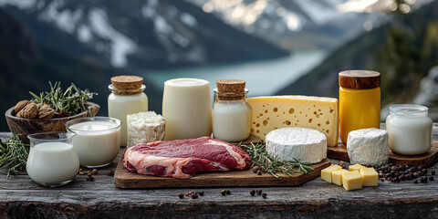 Dairy products and raw meat displayed in nature's setting Generative AI