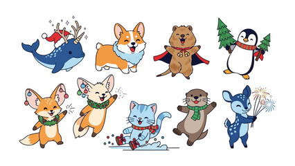 Festive Animal Assemblage: A collection of cute, whimsical animals decked out in holiday attire, capturing the joy of celebration and winter festivities. © Jannat