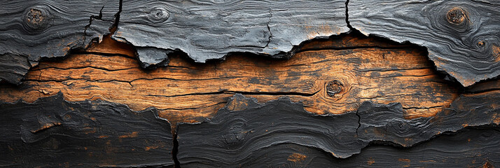 Close-up view of a weathered split wood surface Generative AI