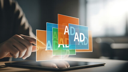 Hand interacting with glowing digital advertisement screens floating above a tablet in a dark office setting for marketing concept