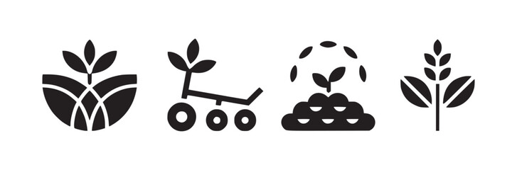 Four black and white icons depicting agriculture, a rover, and plant growth in a minimalist style