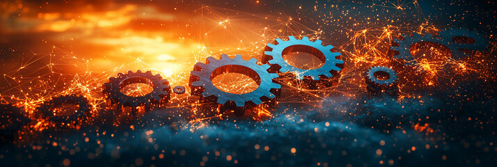 Gears in a digital landscape with glowing elements Generative AI