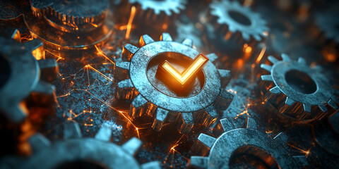 Digital artwork showing interconnected gears with a check mark Generative AI