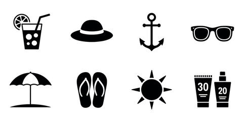 Illustration of summer beach vacation icons including drink hat anchor and more
