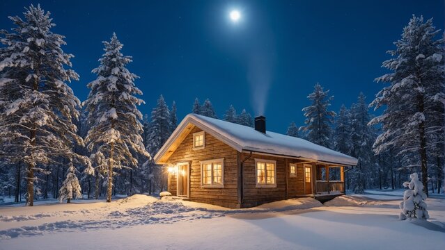 Cozy wooden cabin in snowy forest at night with moonlight and glowing windows