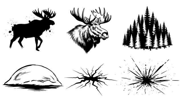Wildlife silhouette collection: moose and nature elements in monochrome art