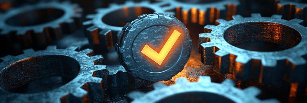 Interconnected gears with a glowing symbol of success Generative AI