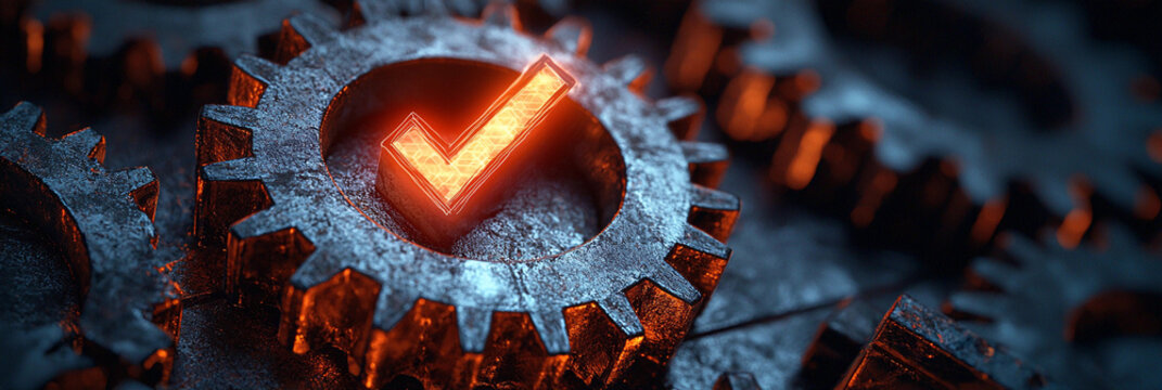 Mechanical gears with glowing check mark in digital art Generative AI