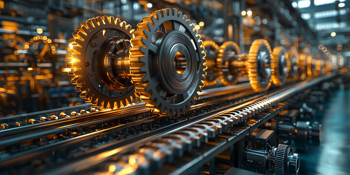 Gears spinning with bright illumination inside a factory Generative AI