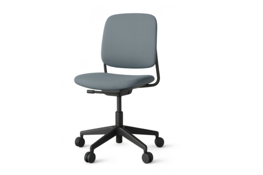 Ergonomic office chair with blue upholstery isolated on transparent background.