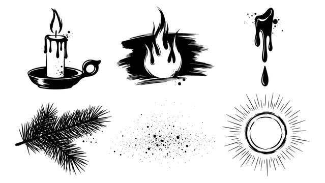 Black and white ink style icons of fire, candle, paint drip, pine leaf, sunburst