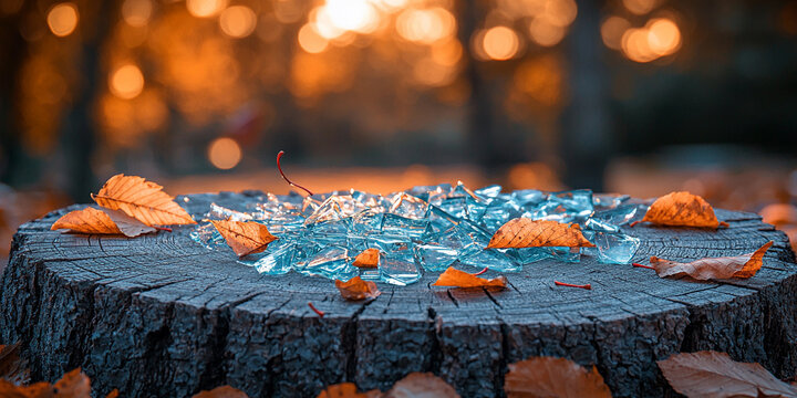 Shattered glass and autumn leaves on a wooden stump Generative AI