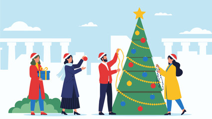 Four festive friends wearing red Santa hats gather outdoors to decorate a large Christmas tree with golden garlands and colorful baubles, creating a cheerful holiday scene against a pale city skyline