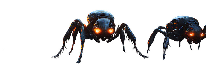 Two Mechanical Spiders with Glowing Orange Eyes on Background robot robotic isolated on a transparent background