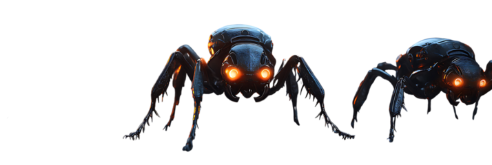 Two Mechanical Spiders with Glowing Orange Eyes on Background robot robotic isolated on a transparent background
