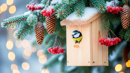 A cute tit peeks out of a cozy wooden birdhouse among fir branches, cones and red berries. Caring for birds in winter during the cold season