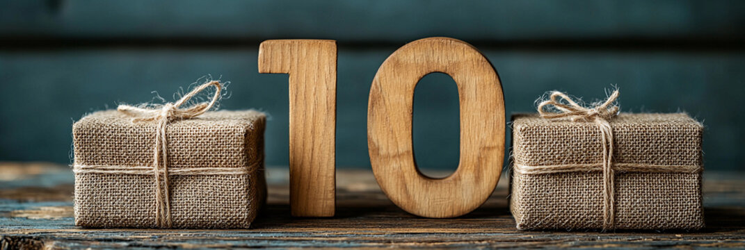 Wooden number ten with two small wrapped gifts Generative AI - Powered by Adobe