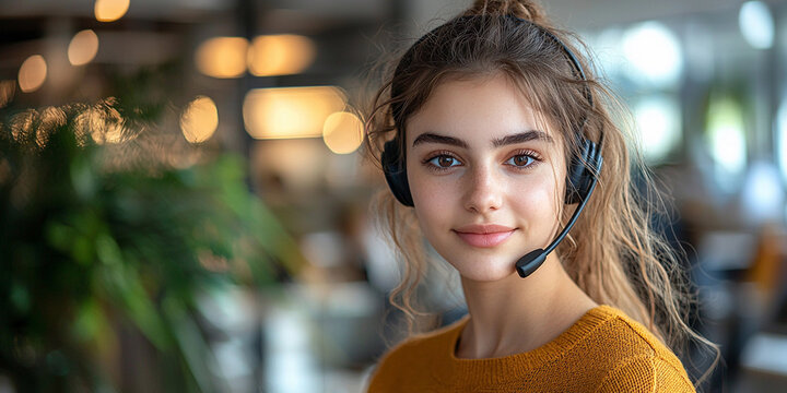 Young woman in headset working in a busy cafe environment Generative AI