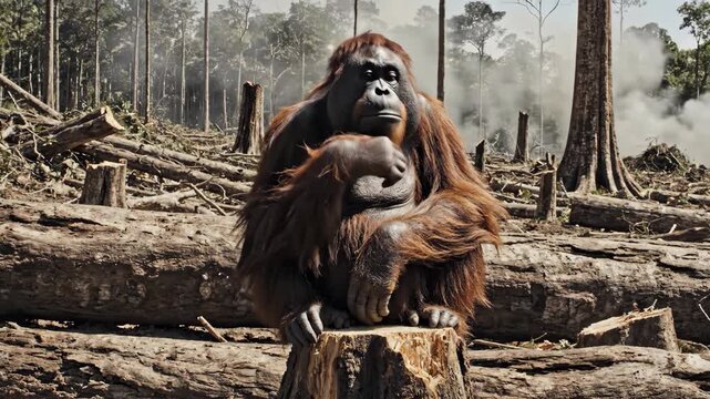 An orangutan sits atop a tree stump amidst a deforested area with logs and tree trunks scattered around Smoke rises in the background