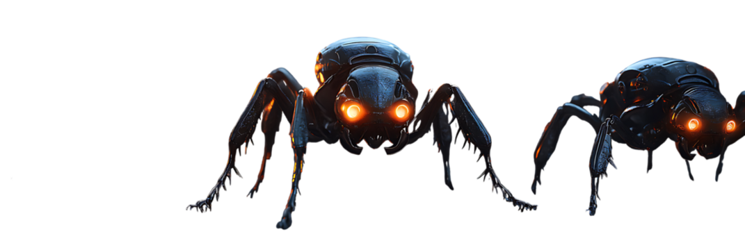 Two Mechanical Spiders with Glowing Orange Eyes on Background robot robotic isolated on a transparent background