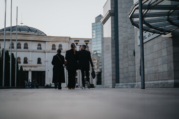 Three colleagues walk side by side in formal attire along a wide urban plaza, symbolizing teamwork and modern work life near contemporary architecture.
