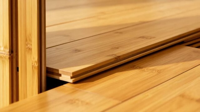 Medium frame captures a close view of vertical bamboo flooring panels being laid emphasizing clean lines and natural wood grain patterns.