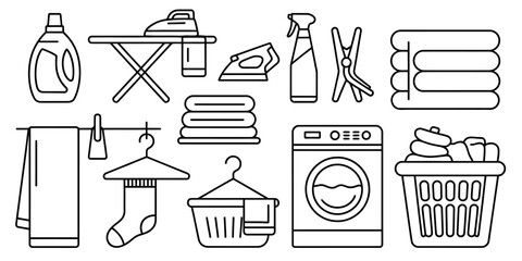 Illustration of laundry related items including washing machine and iron board