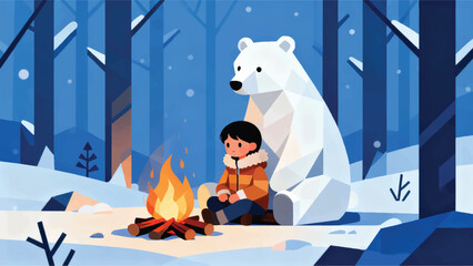 Naklejka premium Illustration Of A Small Child And A White Bear Warming Up In A Winter Forest Vector Design Template