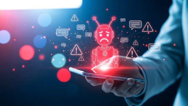 Businessman holding smartphone displaying a glowing red angry robot icon surrounded by warning signs and chat bubbles in dark setting