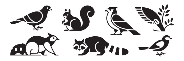 Graphic illustrations of various animals including birds squirrels and a raccoon in black and white