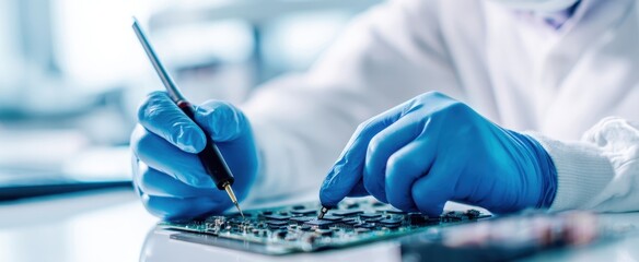 The circuit board being soldered by a technician in a cleanroom electronics assembly lab