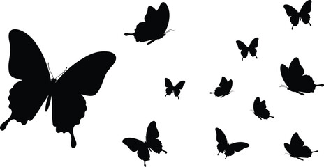 Black butterfly silhouettes in various flying poses on white background, perfect for nature, design, and decorative illustration themes