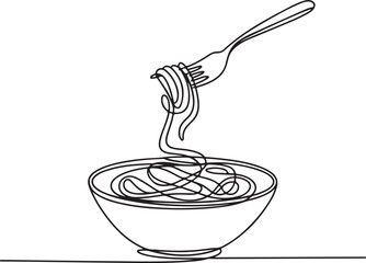 Continuous Line Art Illustration of Pasta Bowl with Fork Twirling Noodles