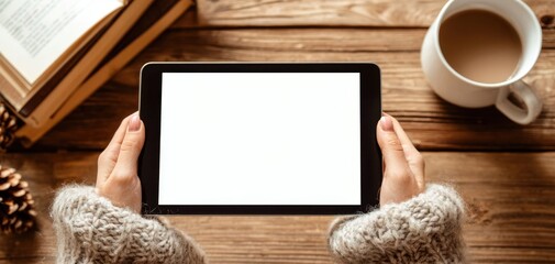 The Tablet Held Over Wooden Table With Cozy Sweater Hands, Coffee and Books