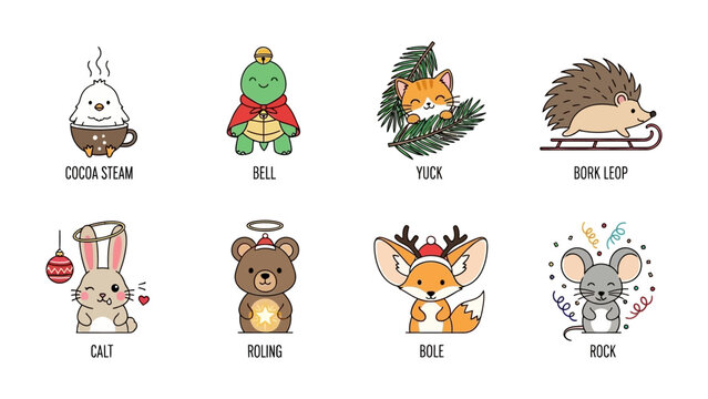 Festive Animal Collection: An array of adorable, cartoonish animals celebrates the season with cheerful charm and whimsy. Illustrated in a vibrant style, each animal embodies a unique spirit.