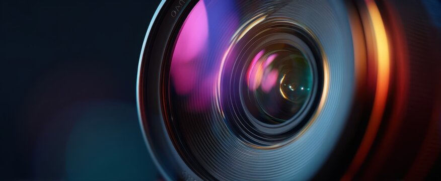 The Camera Lens Close-Up Showing Reflective Glass, Aperture Rings and Colorful Bokeh Highlights