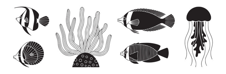 Obraz premium Black and white vector illustration of various sea creatures including fish coral and jellyfish