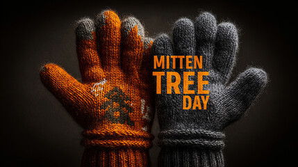 Handcrafted mittens in blue and gray with woven text evoke Mitten Tree Day, winter donations, sustainability, and tactile hygge aesthetics for community campaigns