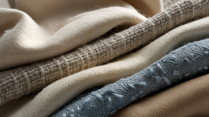 Fototapeta premium Soft and cozy textured blankets stacked together in warm tones for a relaxing atmosphere in a living space
