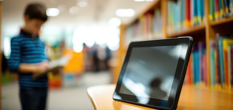 The Tablet on a Library Shelf with Blurred Child Reading in Background