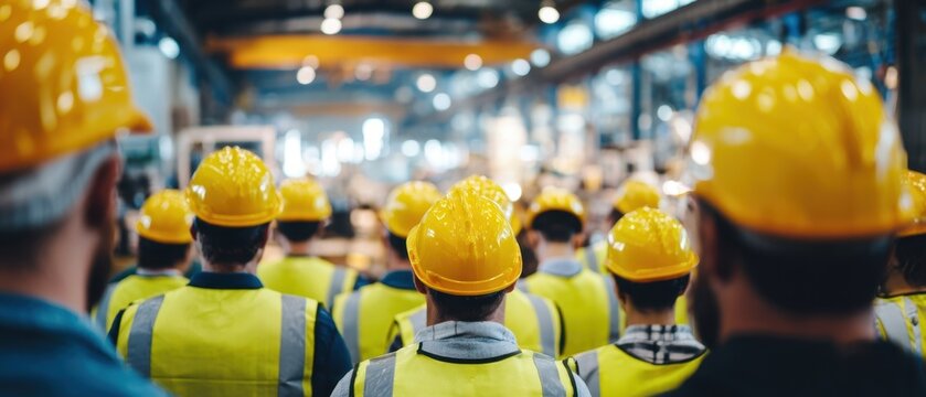 The industrial workers in yellow hard hats attending a safety briefing inside factory
