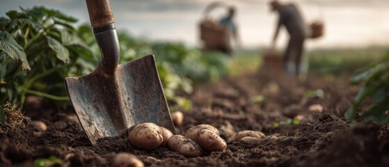 The Potatoes Freshly Dug With a Rusty Shovel in a Sunlit Field