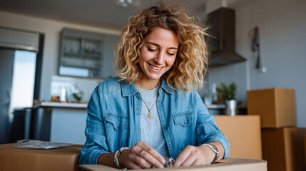 Cardboard boxes and a smiling woman in denim reflect sustainable moving, home setup, and lifestyle transitions