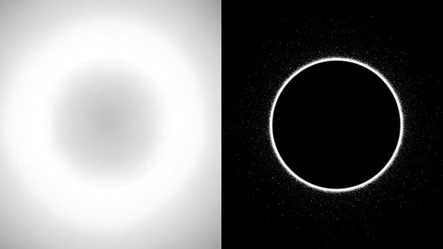Artistic comparison between a simple white moon-like sphere and a dramatic solar eclipse ring on black background - Powered by Adobe