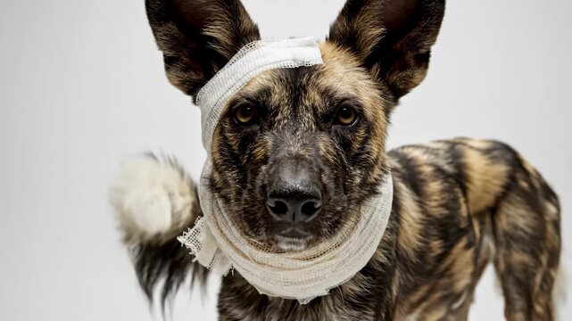 Bandaged dog with patterned fur stares intently against a neutral background