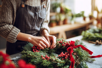 Creating a beautiful Christmas wreath with natural greens and red berries in a cozy workshop during the holiday season
